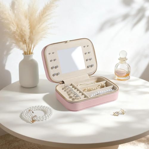 NGVRC Genuine Leather Travel Jewelry Organizer Case with Mirror for Women, Small Mini Portable Jewelry Box for Ring Earrings Necklace Bracelet Luxury Gift for Women（Pink）