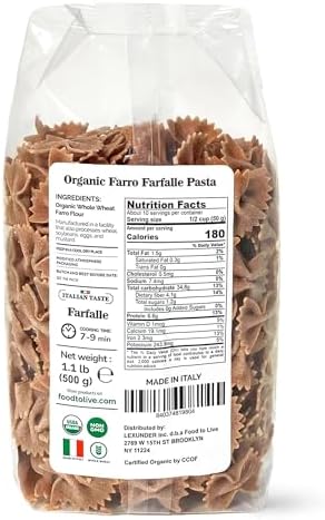 Organic Farro Farfalle Pasta, 1.1 lb (Pack of 1) – Italian Whole Wheat and Non-GMO Bow-tie Pasta, Single Ingredient. No Additives. Ancient Grain. Good Source of Plant Based Protein and Fiber. Vegan