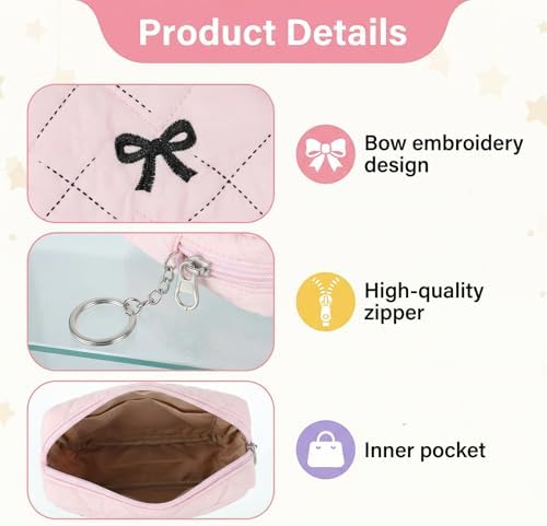 Portable Period Bags for Teen Girls for School, Sanitary Napkin Storage Bag Cute Bow Quilted Tie Period Bag Reusable Menstrual Pad Bags with Zipper Tampon Storage Pouch First Gifts for Women (Pink)