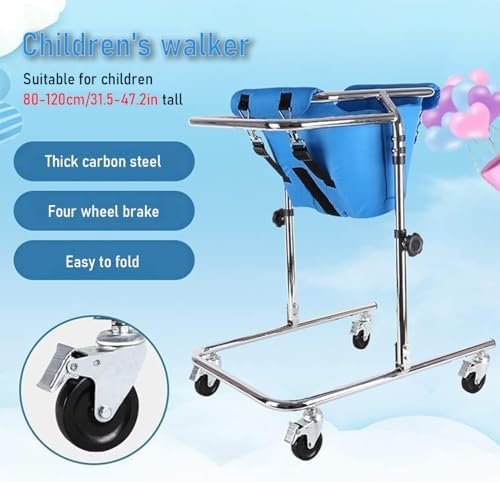 Folding Walking Frame for 31.5-47.2in Height Kids, Adjustable Child Walker with Seat and Wheels, Mobility Aid Rollator for Cerebral Palsy Rehabilitation Training (Pink)