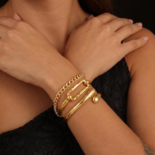 Moodear Chunky Gold Bangle Bracelets for Women – 14K Gold Plated Statement Cuff Bracelet, Trendy Fashion Jewelry Bangles Gifts