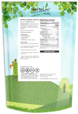 Food to Live - Whole Green Lentils, 1 Pound Dried Raw Lentils, Sproutable, Kosher, Vegan. Rich in Dietary Fiber, and Protein. No Soaking Required.
