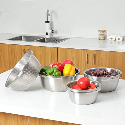 304 Stainless Steel Microporous Colander, 3.5QT Large Capacity with Mixing Bowl For washing vegetables fruit and rice and for draining cooked pasta(2PC)