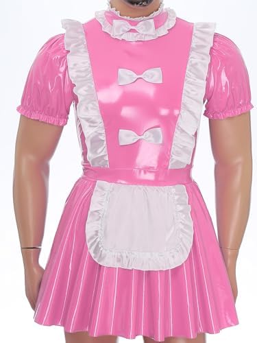 Mufeng Mens Sissy Maid Dress with Apron Doll Collar Puff Sleeve Ruffle Lace Patent Leather A-Line Dress
