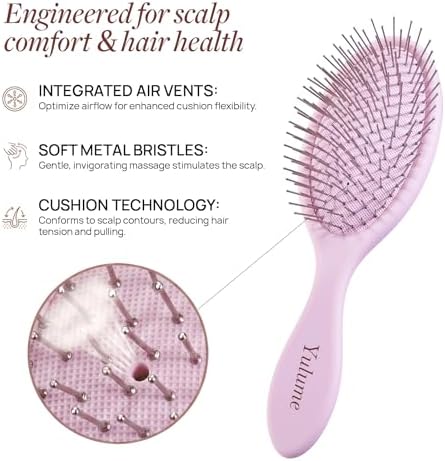 Air Cushion Paddle Brush, Round-Tip Steel Pins for Scalp Massage, Pain-Free Detangling for Wet & Dry, Curly & Thick Hair, Anti-Static, Bonus Tail Comb & Clip, Pink