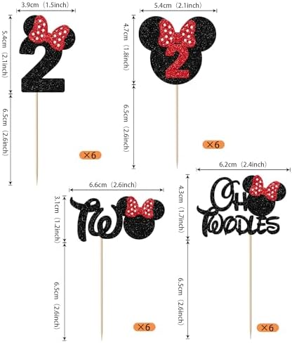 Rsstarxi 24 Pack 2nd Birthday Mouse Inspired Cupcake Toppers, Second Birthday Party Decorations Red Bow Two Oldes Mini Cupcake Picks for Baby Shower 2nd Birthday Party Cake Decorations