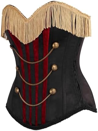 Daisy corsets Women's Daisy Corsets Top Drawer Burlesque Black/Dark Red Steel Boned Corset W/Gold Fringe