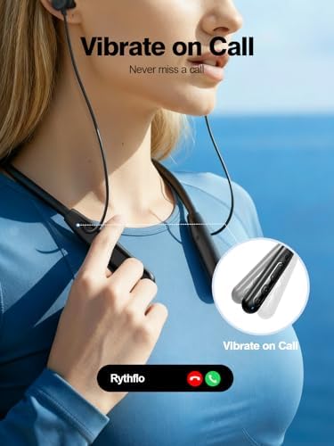 Rythflo Neckband Bluetooth Headphones, ENC IPX7 Sweatproof Sport Earbuds with AI-Enhanced Mic Vibration Call Alert, 50H Playtime Deep Bass Wireless Waterproof Earphones for Work Running Workout Gym