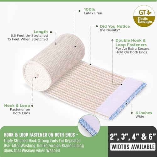 Premium Elastic Bandage Wrap (4" 2 Pack) - Hook & Loop Fasteners at Both Ends - Latex Free Hypoallergenic Compression Roll - Reusable Bandages for Waist, Legs, Elbow & Knee Wrap