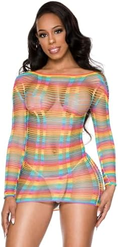MUSIC LEGS Multi Net Rainbow Mini Dress with Vertical Stripes