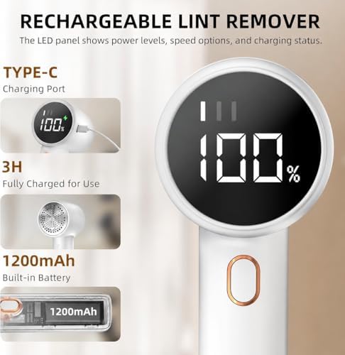Fabric Shaver, Lint Remover Rechargeable, Electric Portable Sweater Defuzzer with 3 Speeds, 6 Leaf Blades, Digital LED Display to Remove Pilling for Clothes, Furniture, Sweater, Couch, Blanket