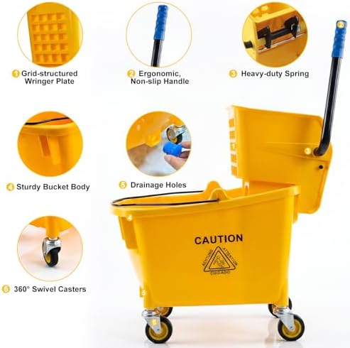 Chasesun 35 Quart Commercial Mop Bucket with Side Press Wringer on Wheels, Industrial Mop and Bucket Set with Loop-End Mop Head, Gloves and Microfiber Cloth, Heavy Duty Yellow Janitorial Cleaning Cart