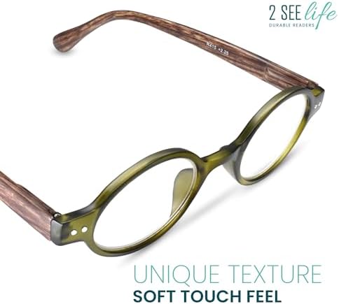 2SeeLife Small Round TR-90 Reading Glasses for Men & Women - Narrow-Medium Fit, Sturdy Frame, Spring Hinges, Retro Readers, Green, +2.00