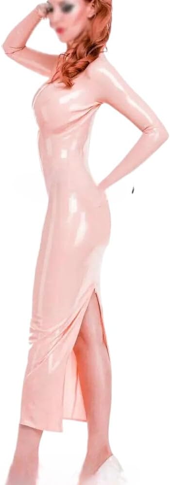 Pink Sexy Latex Dress with Two Zippers At Back Rubber Gown Bodycon Playsuit-Yellow-Male L