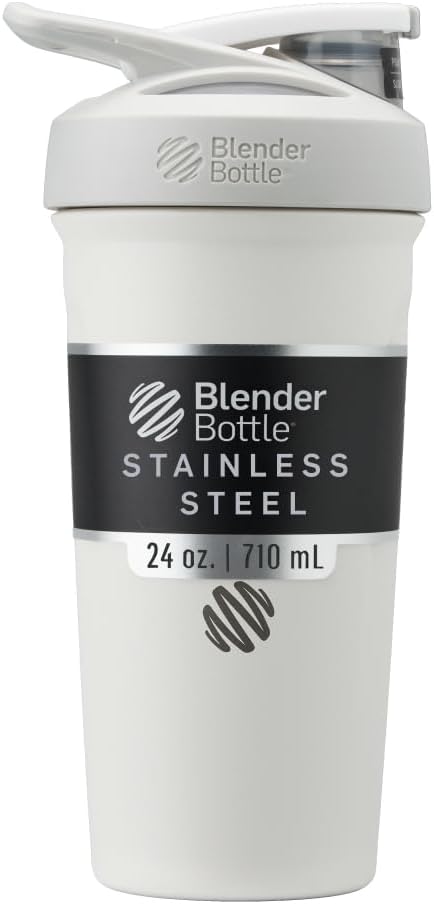 BlenderBottle Strada Shaker Cup Insulated Stainless Steel Water Bottle with Wire Whisk, 24-Ounce, White | Insulated