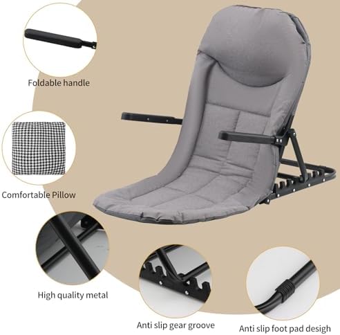Adjustable Lifting Bed Backrest with Armrests, 7-Level Folding Sit Up Support, Portable Multifunctional Bed Chair with Pillow for Neck Head & Lumbar Support for Elderly Patients Reading Resting