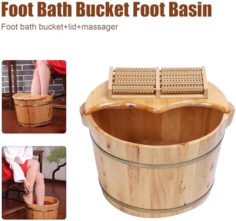 12in Wooden Foot Bath Bucket with Lid&Massage Beads, Solid Wood Foot Soaking Tub Basin Pedicure Barrel for Spa, Massage, Sauna