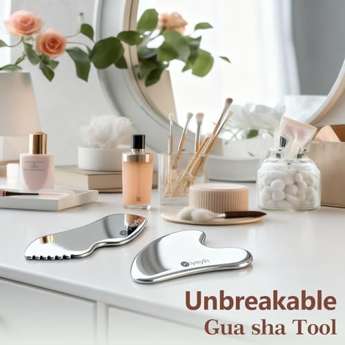 2Pcs 304 Stainless Steel Gua Sha Facial Tools,Face and Body Skin Massage,Scraping Tools for Jaw Lift Massager,Puffiness Reduction,Lymphatic Drainage & Skin Tightening, Gift for her, Summer Skin Care
