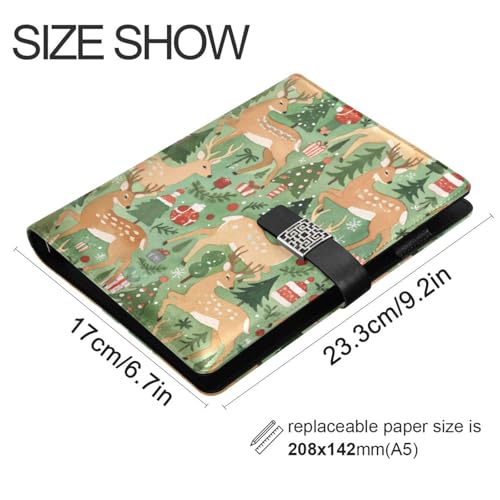 DIGTIA Christmas Deer Trees Gifts Snowflakes PU Leather Notebook A5 Binder 6 Ring Refillable Journal with Magnetic Buckle Closure Loose Leaf Travel Office Planner Budget Binder Notepad Portfolio,