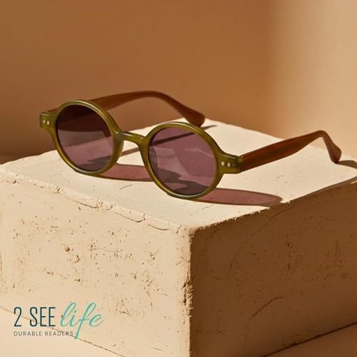 2SeeLife Small Round TR-90 Reading Sunglasses for Men & Women - Narrow-Medium Fit, Sturdy Frame, Spring Hinges, Retro Sun Readers, Green, +1.00