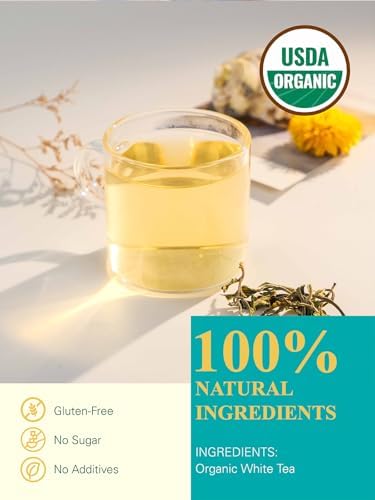 Organic White Tea Loose Leaf, 7oz Premium Whole Leaf White Tea, Light Floral & Clean Aroma, Smooth Refreshing Finish, Hot or Cold Brew, Low Caffeine