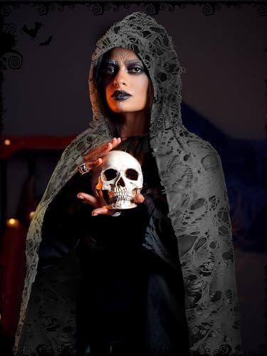 Fourluoo Halloween Tattered Cloak Grim Reaper Hooded Cape Retro Medieval Ghost Black Cape for Adult Halloween Wizard Cosplay
