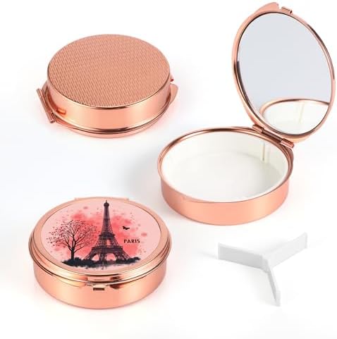 Pill Case Pill Box with Mirror Pocket 3 Compartment Medicine Case Vitamin Pill Organizer for Pocket Purse and Travel (Round, Rose Gold-Paris Eiffel)