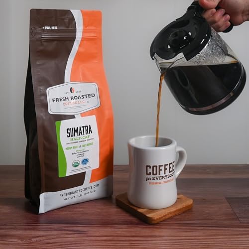 Fresh Roasted Coffee, Organic Sumatra Water-Processed Half-Caf Whole Bean Coffee, Medium Roast, USDA Organic, 100% Single Origin, Kosher, 2 lb (32 oz)