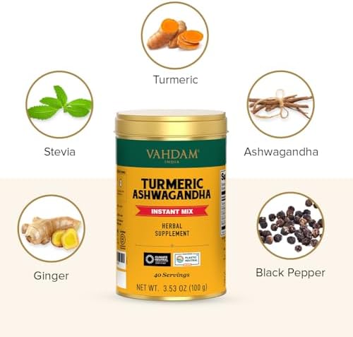 VAHDAM, Turmeric Ashwagandha - Ashwagandha with Turmeric, Ginger & Black Pepper | Non-GMO & Gluten Free | Herbal Supplement - 40 Servings