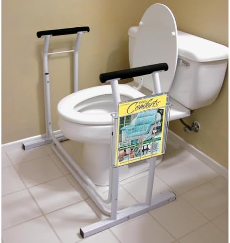 Deluxe Toilet Safety Frame, Freestanding with Magazine Rack, 300lb Capacity | Adjustable Height Bathroom Rail for Seniors, Disabled & Surgery Recovery