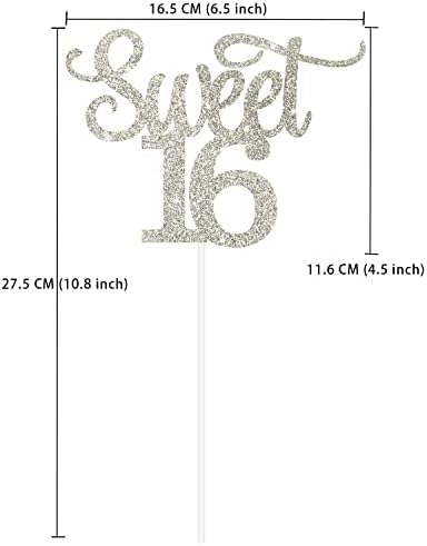 Gexolenu 1 PCS Silver Glitter Double-sided Happy Sweet 16 Cake Toppers,16th Cake Topper, Sweet 16 Birthday Cake Party Supplies, Sweet 16 Decorations for Cake, Sweet 16 Party Decorations