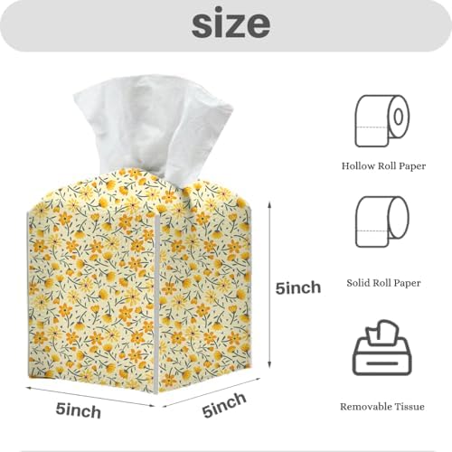 Tissue Box Cover, Tissue Box Holder, Square with Belt Bottom, PU Leather Decorative Organizer for Desk, Tabletop, Countertop Bathroom, Toilet Car,Office, Dresser Bedside, Aesthetic Yellow Flower Decor