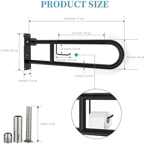 Toilet Grab Bar 30.3 Inch Black, Munzong Anti-Slip Handicap Grab Bars with Paper Holder, Flip-Up Bathroom Safety Rails, Stainless Steel Knurled Support handrails for Seniors Elderly Disabled Pregnant