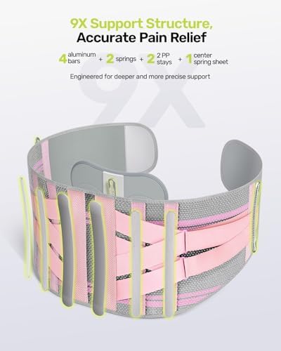 Rakiie Back Brace for Lower Back Pain Women with 9X Support System, Ergonomic Lumbar Support for Pain Relief, Breathable Mesh Design with 3D Silicone Pad for Sciatica, Pink Size S (Waist: 28.7"-35.8")