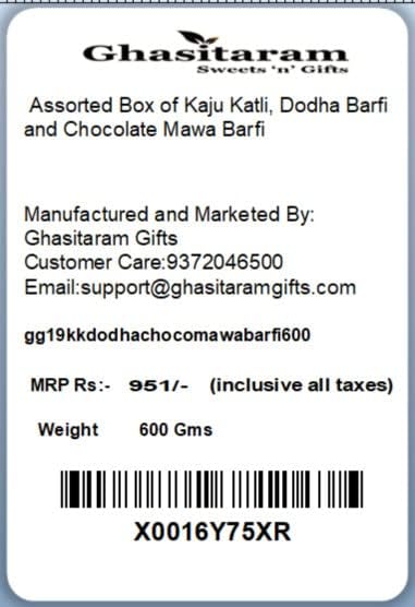 Ghasitaram Gifts Indian Sweets - Mother's Day Gifts - Assorted Box of Kaju Katli, Dodha Barfi and Chocolate Mawa Barfi