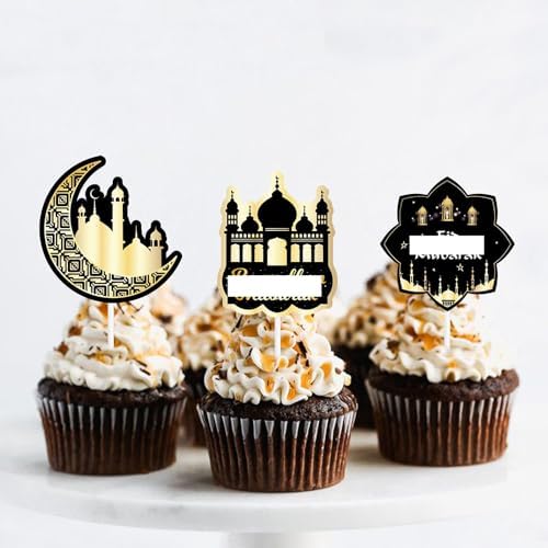 12Pcs Eid Mubarak Cupcake Toppers Moon Ramadan Kareem Happy Eid Cupcake Picks for Theme Party Cake Decorations Supplies