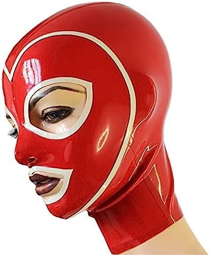 Red Latex Hood with White Brim Back Zipper Open Eyes Rubber Mask Club Party Wear Costume,Customize Size