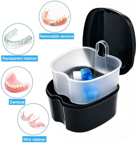 2 Pack Travel Denture Bath Case Set Orthodontic Dental Box Case with Brush, Denture Soaking Cup False Teeth Retainer Container for Clear Braces, Mouth Guard, Night Guard
