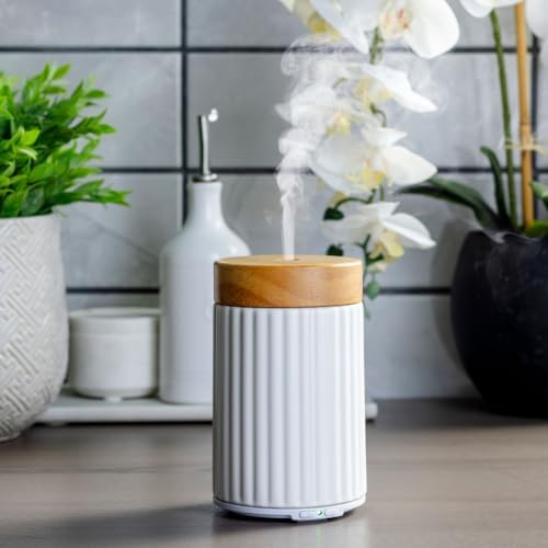 Airome Ceramic Essential Oil Diffuser|100 mL Humidifying Ultrasonic Aromatherapy Diffuser 8 Colorful LED Lights, Intermittent & Continual Mist, Auto Shut-Off, Wood & Ceramic