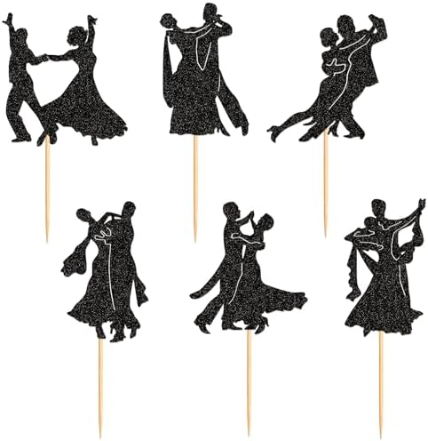 Ercadio 24 PCS Tango Dance Cupcake Toppers Black Glitter Adulthood Ceremony Dancing Girl Boy Cake Birthday Picks for Dancing Cake Dessert Muffin Toppers for Wedding Baby Shower Birthday Party