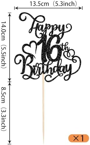 Rsstarxi 1 Pack Happy 16th Birthday Cake Topper Black Glitter Cheers to 16 Years Birthday Cake Pick 16 Fabulous Cake Decoration for Happy 16th Birthday Anniversary Party Cake Decorations