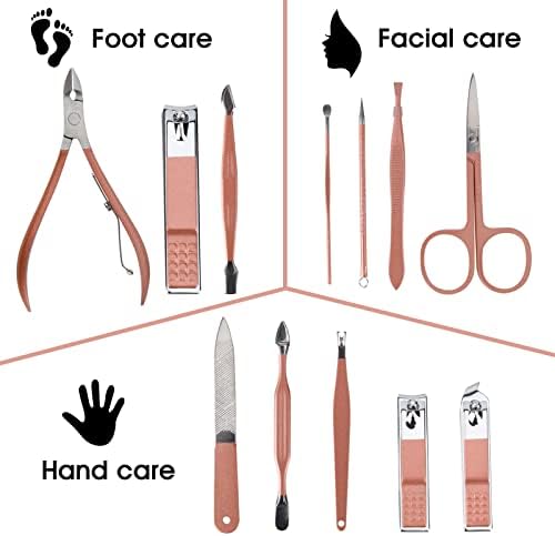 Nail Clippers and Beauty Tool Portable Set, Rose Gold Martensitic Stainless Steel Manicure Set 12 in 1, with Pink Leather Bag, Suitable for Home, Workplace, Outdoor Travel, Gift Giving, Salon.