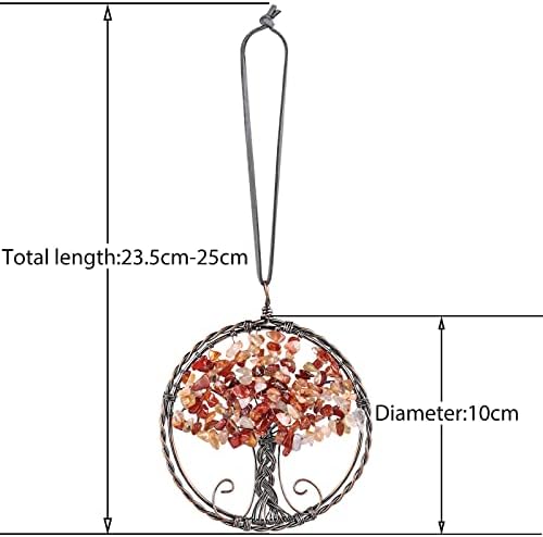 Nupuyai Reiki Healing Crystal Tree of Life Hanging Ornament Circular Handmade Copper Wire Energy Crystal Stone Decor for Home/Car/Wall, Carnelian