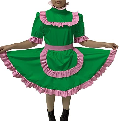 Adult Sexy Lockable Cross Dressing Sissy Maid PVC Dress Lockable Uniform Apron Costume Jumpsuits Rompers,Green,5XL
