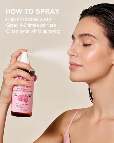 Yoken Organic Rose Water Spray for Face, 8 Fl Oz Fine Mist, Rosewater Face Mist with 100% Pure & Natural Rosa Damascena Rose Hydrosol, USDA Certified Organic, Alcohol Free, Vegan, No Dyes