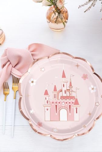 WRAPAHOLIC 25Pcs Castle Paper Plates - 9 Inch Pink Princess Castle Disposable Plates Decorative Dinner Plates for Party Tableware Supplies Table Decor (Pack of 2)