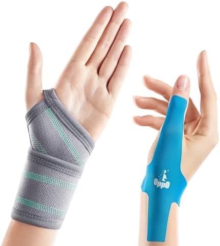 OPPO Wrist Support & Thumb Kinesiology Tape Bundle – 2383 Adjustable Wrist Compression Wrap & 8080 Pre-Cut Strips (5 Pack) for Pain Relief and Support