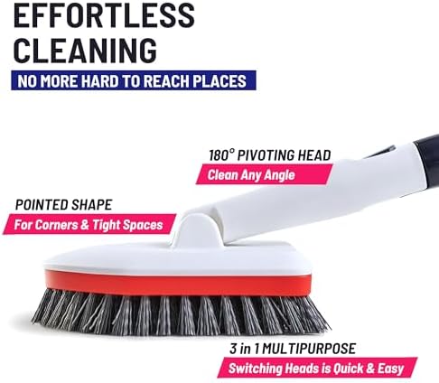 Moku Home Shower Scrubber 3 in 1 Extendable Long Handle 58" Cleaning Brush - Non Scratch Shower Brush for Cleaning Bathroom Kitchen Toilet Wall Tub Tile Sink (Red)
