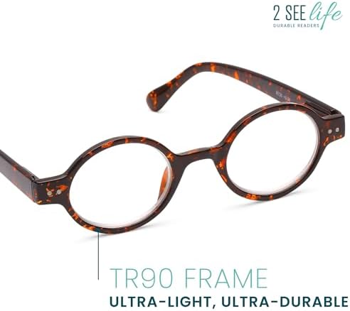 2SeeLife Small Round TR-90 Reading Glasses for Men & Women - Narrow-Medium Fit, Sturdy Frame, Spring Hinges, Retro Readers, Brown Tortoise, +0.75