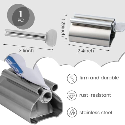 Toothpaste Tube Squeezer Dispenser, 1PCS Toothpaste Roller Squeezer Tool Metal Stainless Steel Tooth Paste Holder for Bathroom, Silver